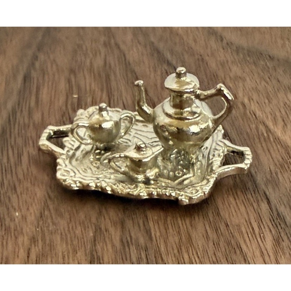 Miniature Dollhouse Silver‎ Tray Tea Set 1:12 Dollhouse Accessories 4 Pc Cream